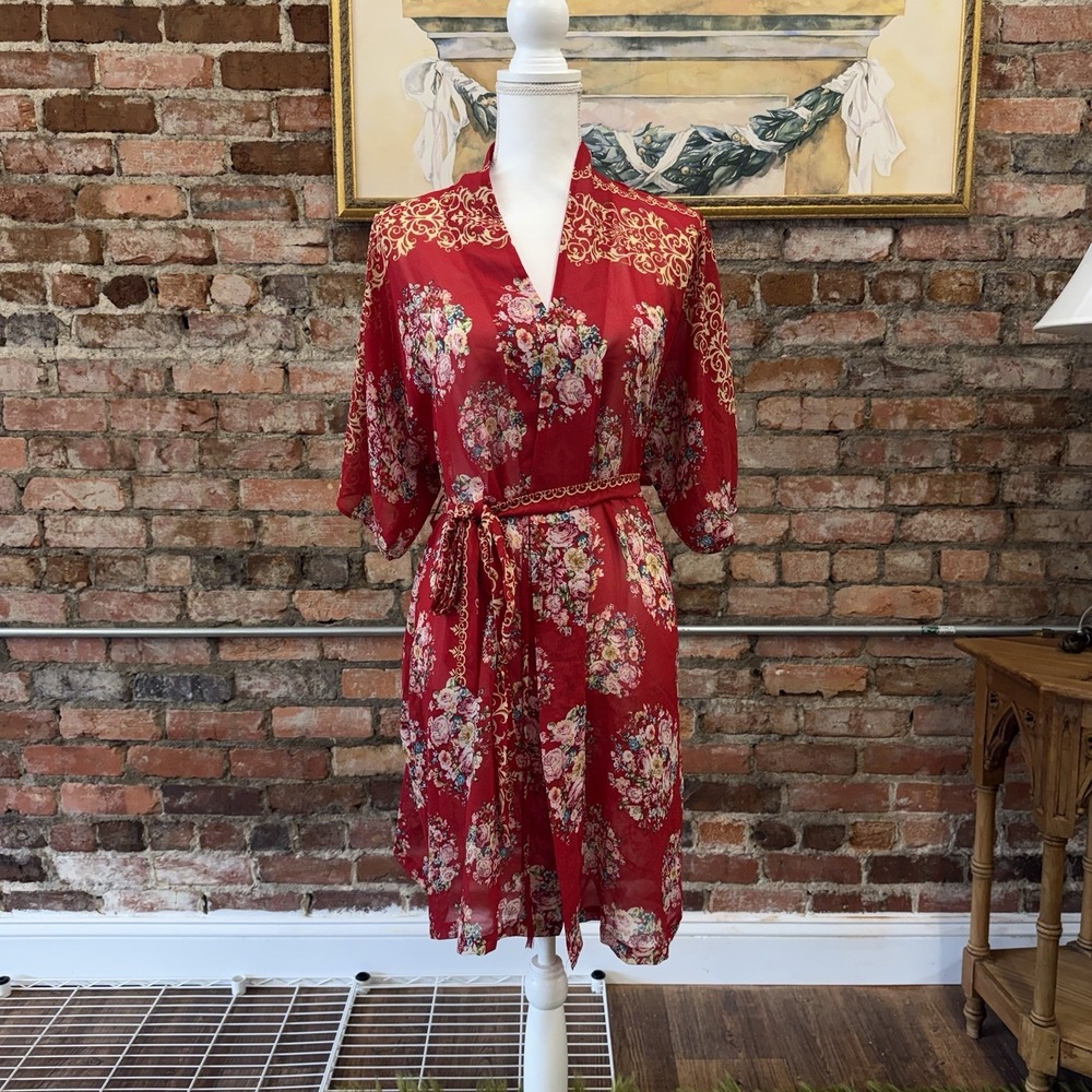 Jones New York Red Floral Kimono Robe Cover Up S/M Boho Lightweight Tie Waist